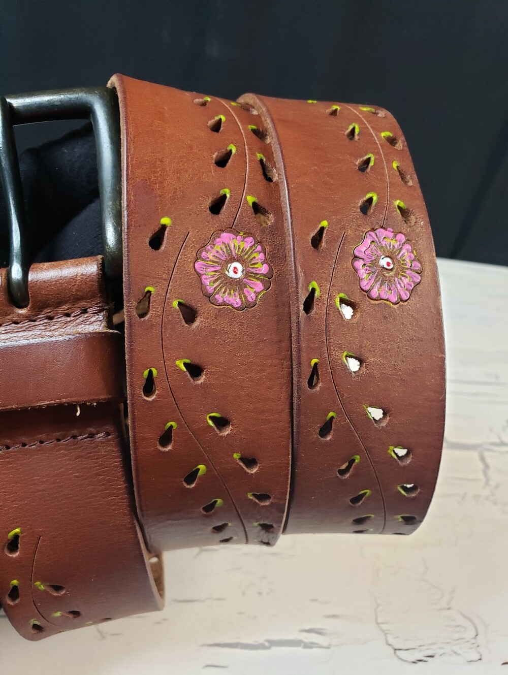 Handpainted Floral Vine Motif  Leather Belt in Brown in size XL